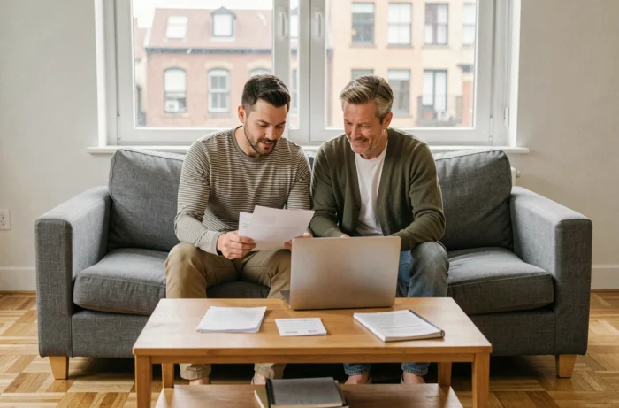 Couple en train de gérer ensemble leurs finances personnelles avec des documents et un ordinateur portable dans le salon