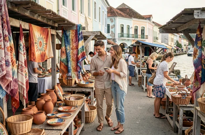 Couple de voyageurs explorant un marché artisanal animé au bord d'un port colonial, voyage authentique et découverte des cultures locales