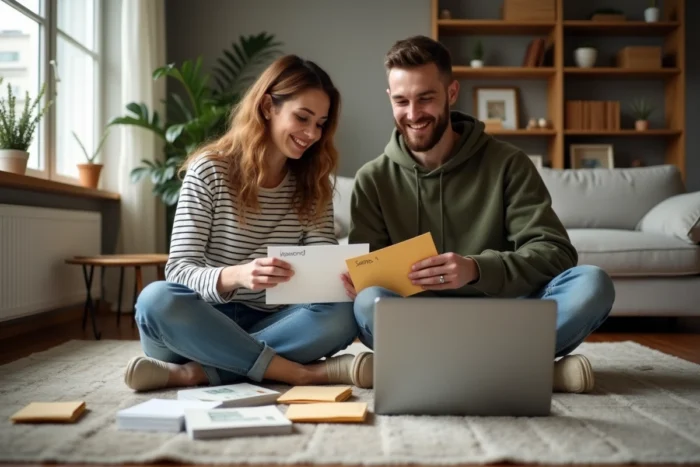 Couple organisant ses économies et son budget dans le salon avec des enveloppes et un ordinateur portable