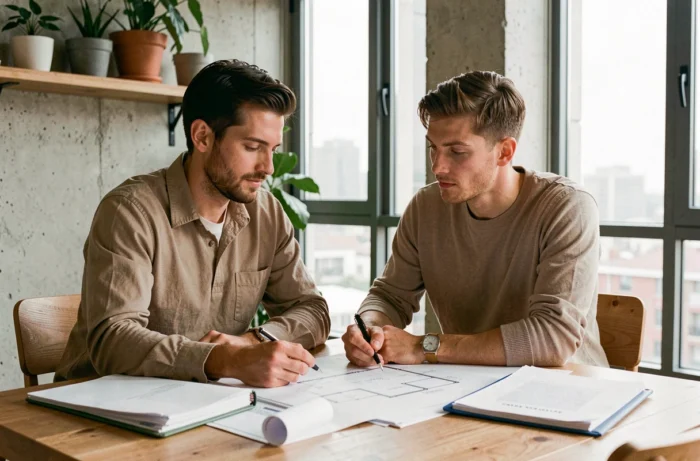 Couple examinant des plans immobiliers et des documents à leur table, préparant sereinement leur projet d'achat immobilier