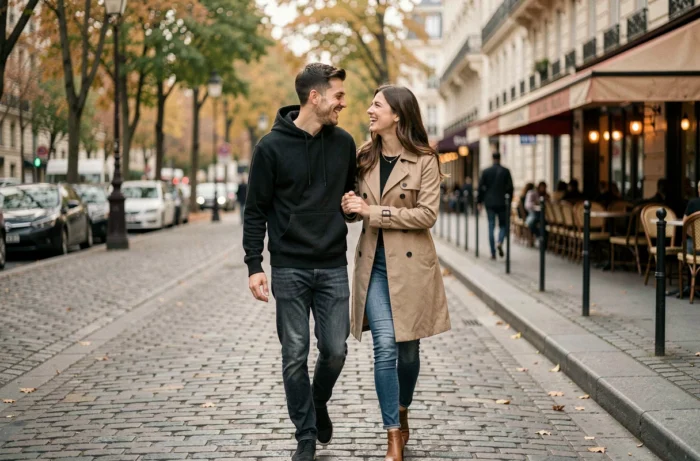 Couple complice marchant sur un trottoir parisien en automne, ambiance romantique et décontractée