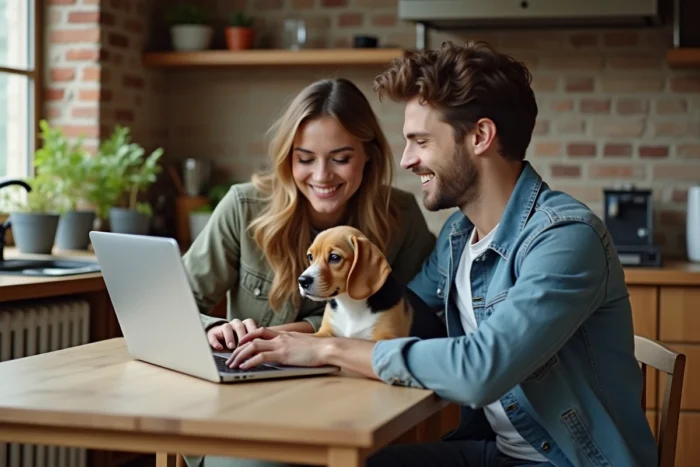 Couple consultant une assurance animaux pour leur chiot beagle sur un ordinateur portable à la maison