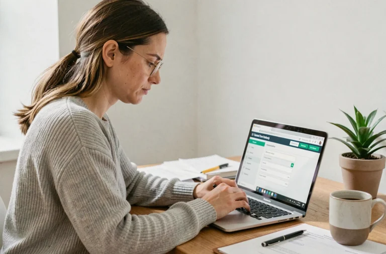 Femme concentrée en train de créer un compte sur un espace client locataire depuis son ordinateur portable à domicile