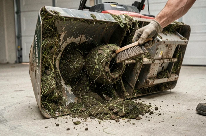 Dessous d'une tondeuse retournée révélant une croûte épaisse d'herbe séchée et de boue accumulée sous le carter autour de la lame