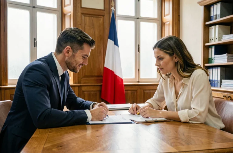 Couple rencontrant un officier d'état civil en mairie pour une demande de rendez-vous mariage, autour d'un bureau avec des documents officiels