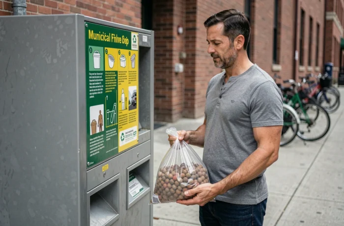 Homme déposant des billes d'argile dans un point de collecte de déchets verts en milieu urbain