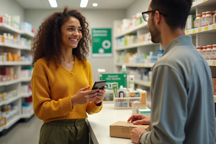 Jeune femme déposant un colis Vinted dans une pharmacie après une borne en panne