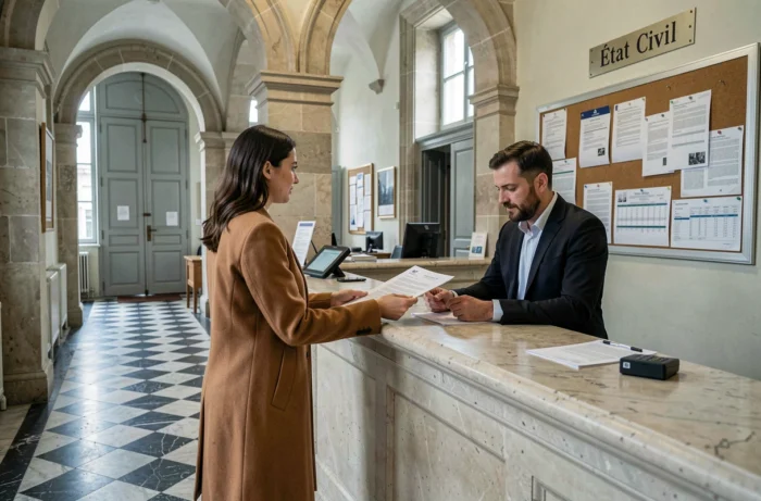 Jeune femme déposant un dossier de mariage au guichet de l'état civil d'une mairie française