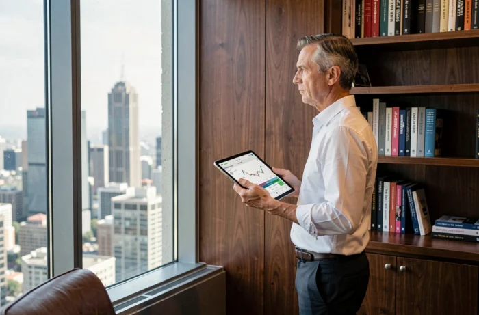 Dirigeant d'entreprise consultant des données économiques sur tablette dans un bureau de direction avec vue panoramique