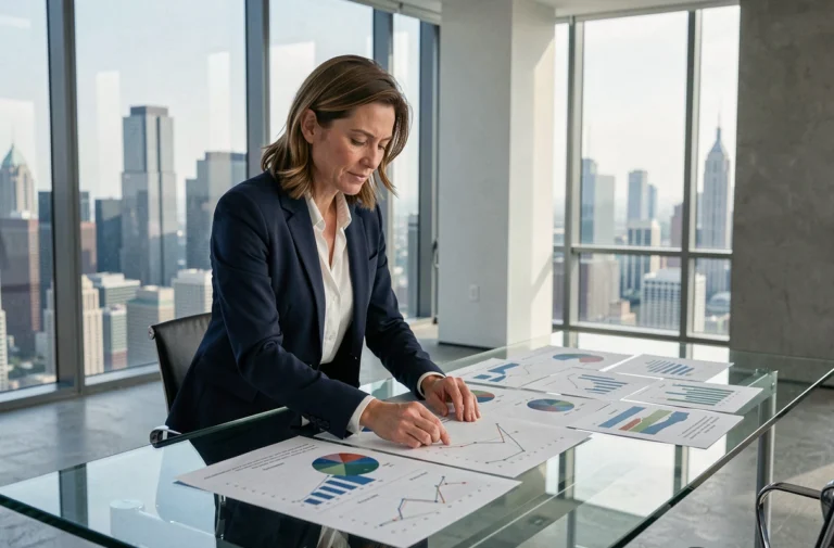 Dirigeante d'entreprise analysant des graphiques financiers dans une salle de conférence moderne avec vue sur la ville