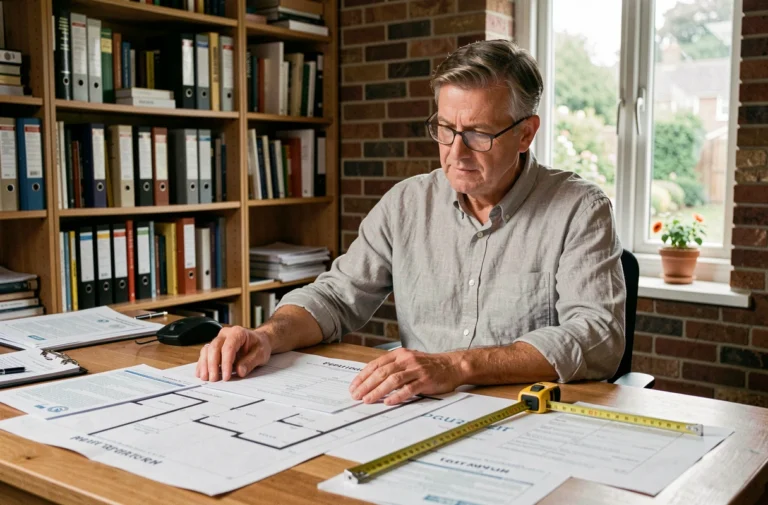 Homme consultant des plans et documents administratifs pour transformer un garage en chambre