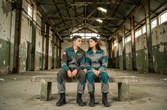 Deux cosplayeurs en combinaisons de pilotes futuristes assis dans un hangar industriel abandonné, évoquant les personnages de Darling in the Franxx