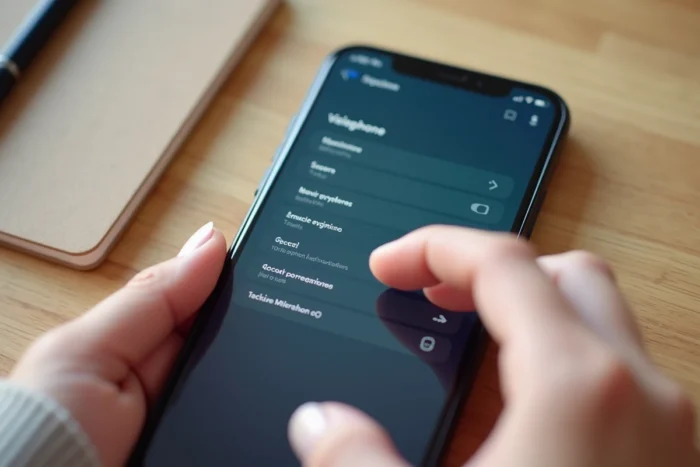 Gros plan d'un écran de smartphone affichant les paramètres de la recherche vocale avec un bouton microphone