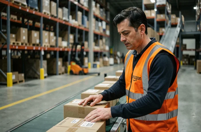 Employé Amazon en entrepôt la nuit portant un gilet de sécurité orange et scannant des colis sur un tapis roulant