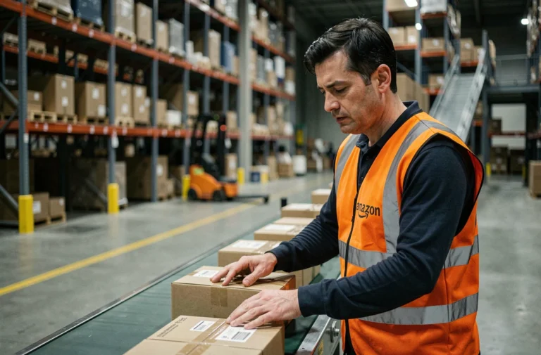 Employé Amazon en entrepôt la nuit portant un gilet de sécurité orange et scannant des colis sur un tapis roulant