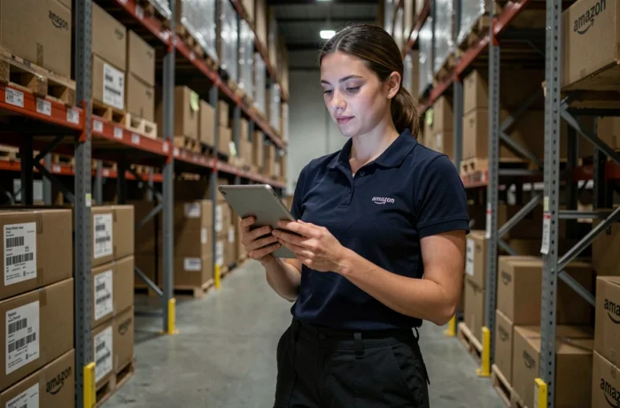 Employée Amazon consultant une tablette dans un entrepôt de logistique la nuit entourée de colis