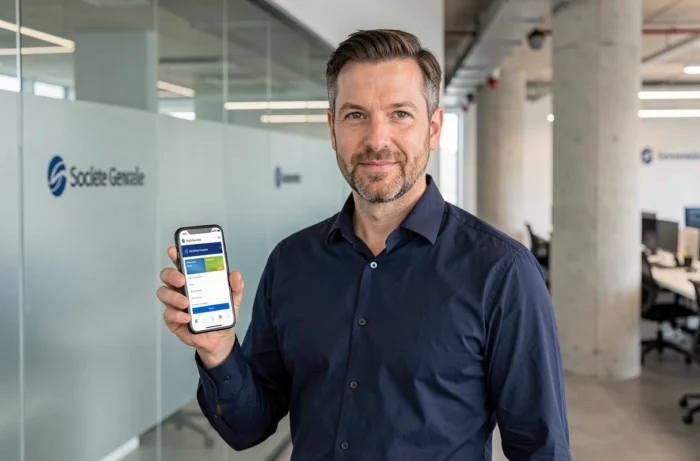 Employé de banque tenant un smartphone avec application bancaire dans un siège social financier moderne, lien avec Société Générale