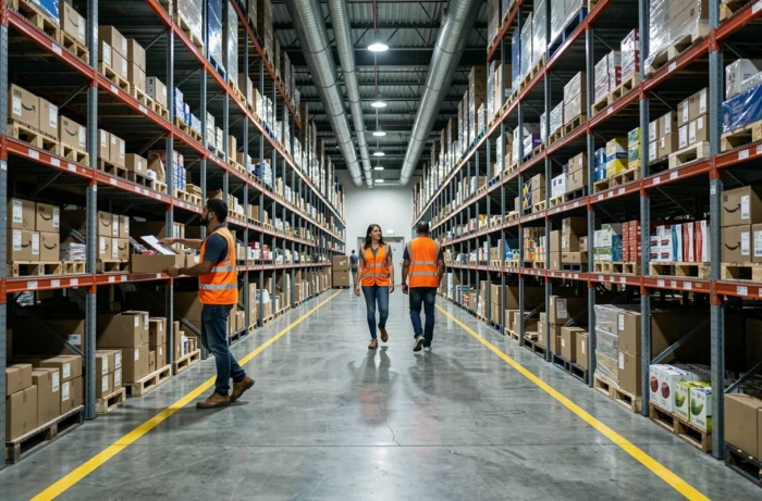 Vue large d'un entrepôt Amazon la nuit avec des employés en gilet orange travaillant entre les rayonnages