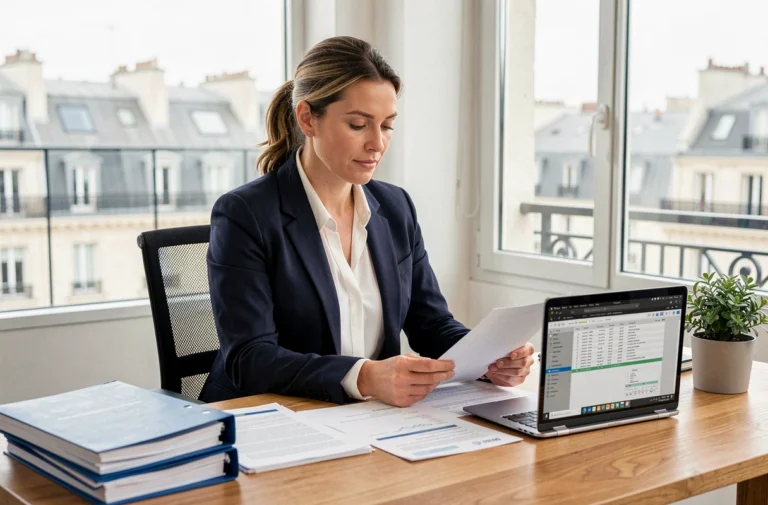 Femme entrepreneur française consultant des documents de création d'entreprise dans un bureau moderne à Paris