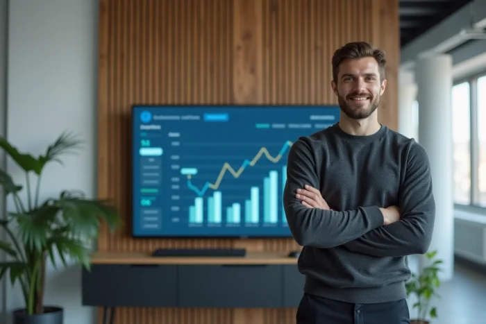 Entrepreneur fintech présentant une application de gestion de patrimoine sur grand écran dans un espace de coworking moderne