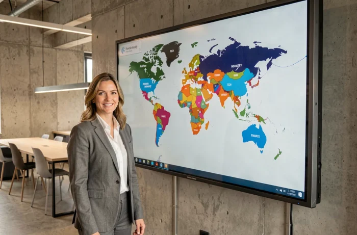 Entrepreneuse présentant une carte interactive des secteurs d'activité les plus rentables à l'échelle mondiale