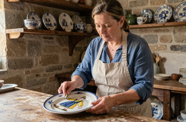 Femme entretenant une assiette en faïence Henriot Quimper peinte à la main dans une cuisine rustique bretonne