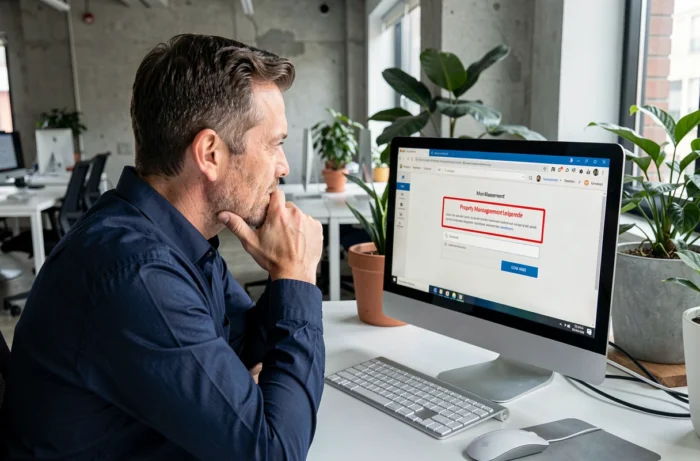 Homme face à un message d'erreur lors de l'inscription sur un portail de gestion immobilière en ligne