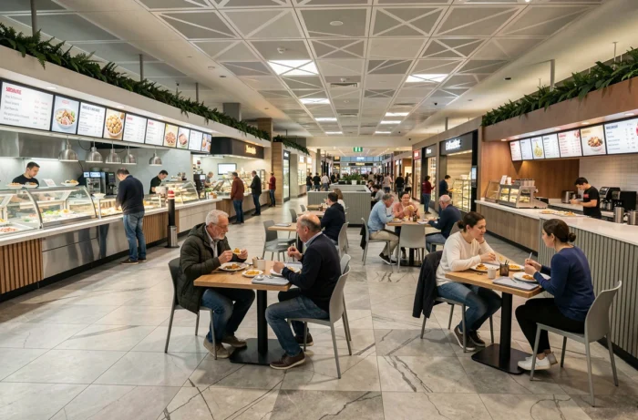Espace restauration du centre commercial Bois Cany à Grand Quevilly avec clients attablés
