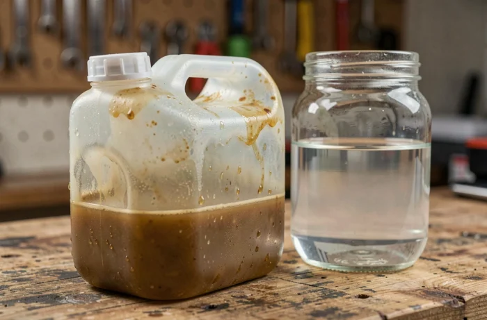 Réservoir de tondeuse contenant de l'essence dégradée et jaunâtre comparée à un bocal d'essence fraîche et transparente posé à côté sur un établi