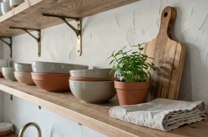Étagère de cuisine contemporaine avec bols en céramique artisanale, planche à découper en bois et plante aromatique, tendance décoration maison