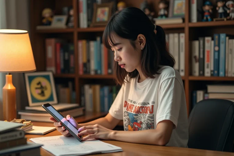 Fan d'anime passionnée consultant des informations sur la saison 2 de Darling in the FranXX sur une tablette, entourée de mangas et de figurines de collection