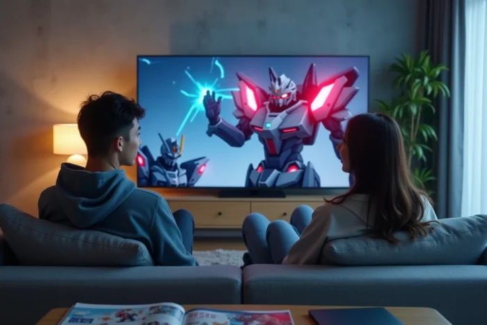 Deux fans d'anime regardant des informations sur Darling in the FranXX saison 2 sur un écran de télévision dans un salon moderne