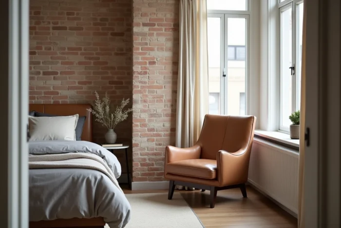 Fauteuil repositionné en coin lecture près d'une fenêtre dans une chambre réaménagée pour un meilleur sommeil et une harmonie feng shui
