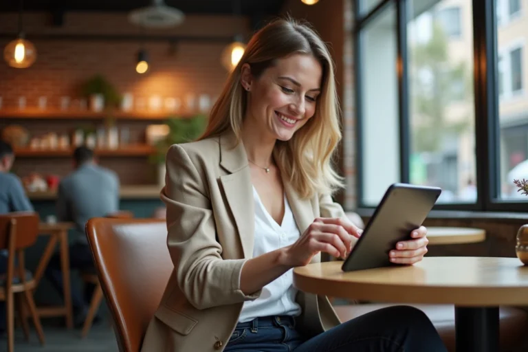 Femme parcourant les dernières actualités 2024 sur une tablette dans un café moderne