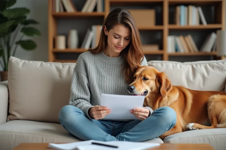 Femme consultant des documents d'assurance animaux pour son chien golden retriever sur un canapé