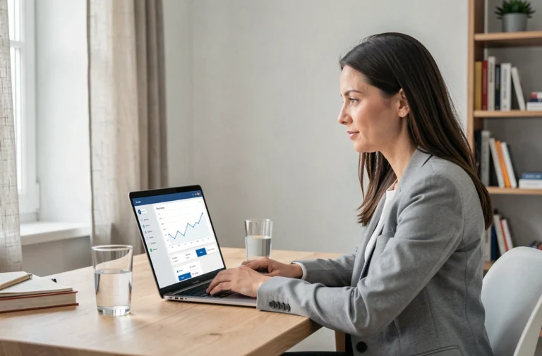 Femme utilisant une application de banque en ligne sur laptop dans un bureau moderne, illustrant Boursobank