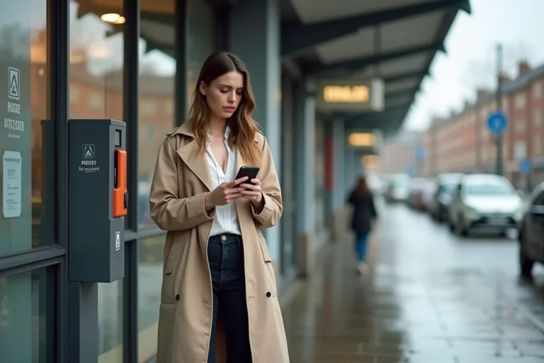 Femme frustrée devant une borne Vinted Go pleine tenant un colis et regardant son téléphone