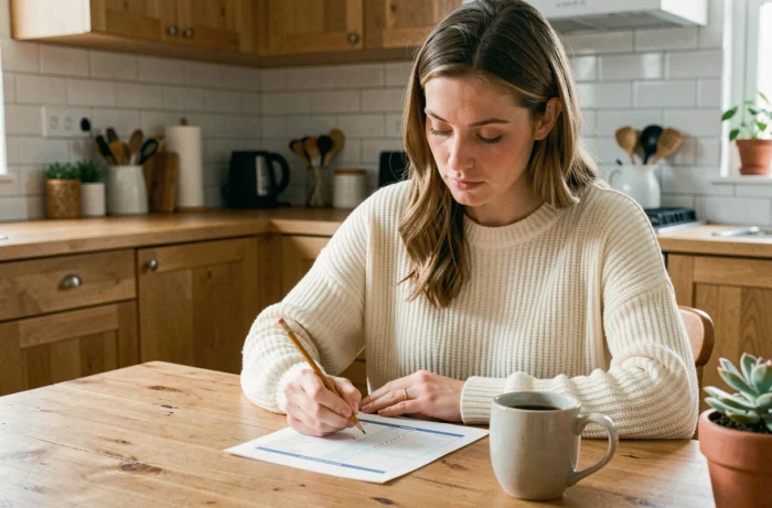 Femme consultant son budget mensuel à la table de cuisine, gérant ses finances personnelles au quotidien