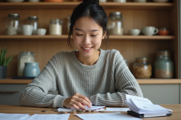 Femme qui gère son budget mensuel avec des reçus et des pièces de monnaie sur une table en bois