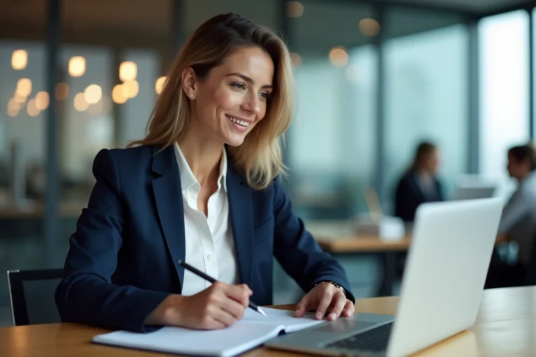 Femme professionnelle consultant une horloge mondiale sur son ordinateur portable pour convertir l'heure de New York lors d'un rendez-vous international