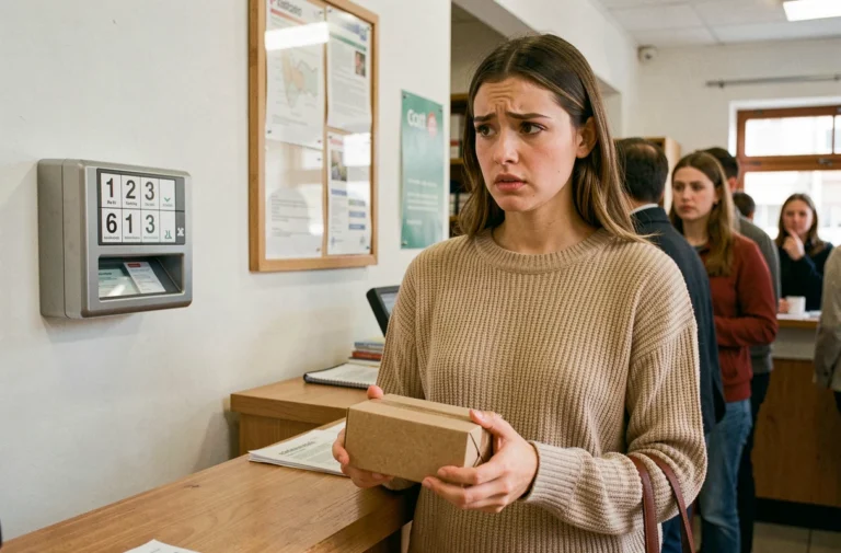 Jeune femme tenant un colis dans un bureau de poste, l'air préoccupée face à un problème de récupération de colis Vinted