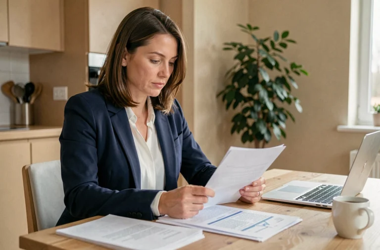 Femme consultant des documents de crédit et solutions de financement à domicile