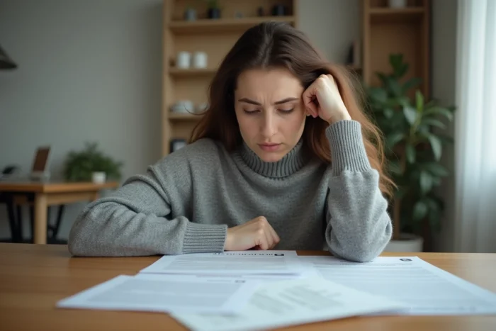 Femme stressée consultant des documents de logement après un avis favorable de commission concurrencé