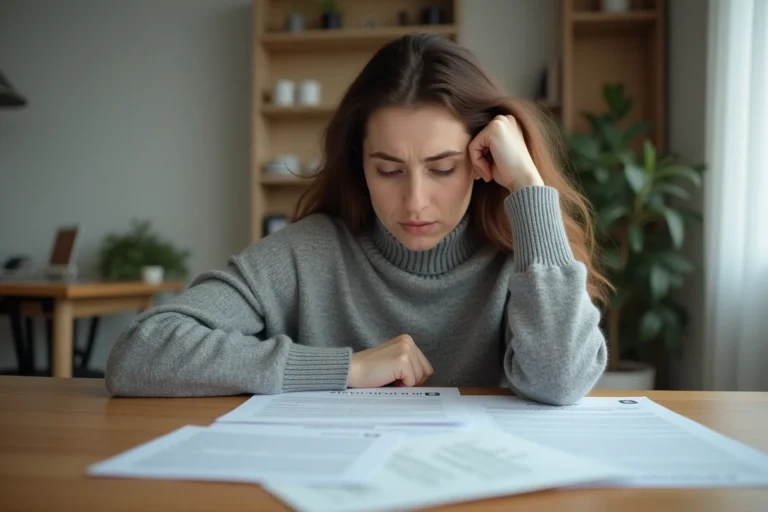 Femme stressée consultant des documents de logement après un avis favorable de commission concurrencé