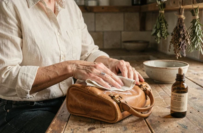 Femme entretenant un sac en cuir vintage avec du fiel de bœuf dans une cuisine en pierre rustique