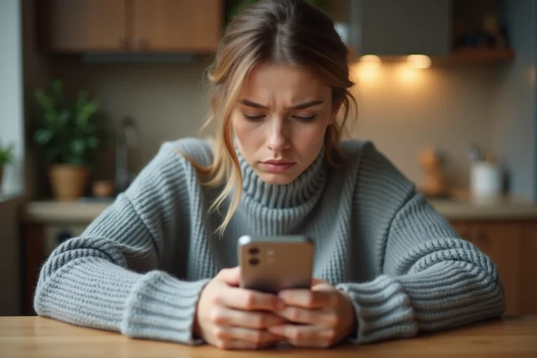 Jeune femme frustrée regardant une erreur de réseau sur Messenger depuis son smartphone dans une cuisine moderne