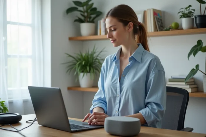 Femme utilisant Ok Google pour configurer sa Freebox Pop dans un bureau à domicile