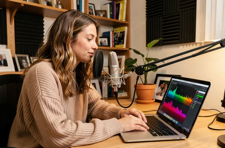 Femme enregistrant sa voix sur une musique avec l'IA dans un home studio moderne