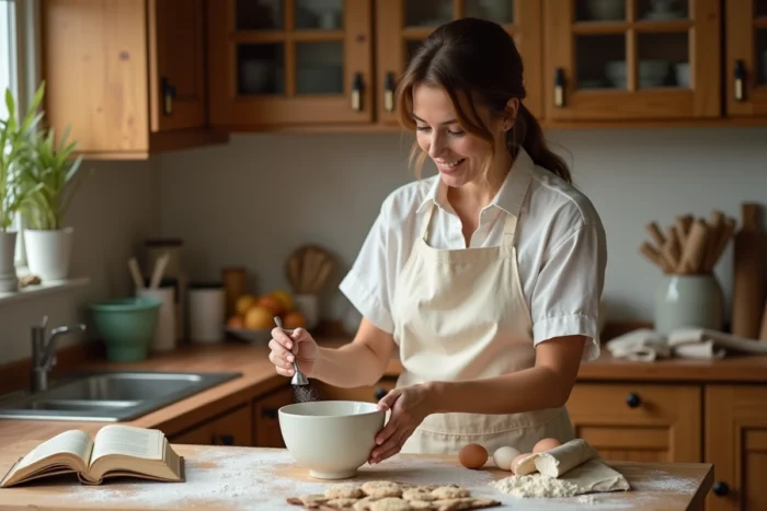 Femme mesurant de la levure chimique dans un bol en céramique sur un plan de travail en bois, entourée d'ingrédients de pâtisserie