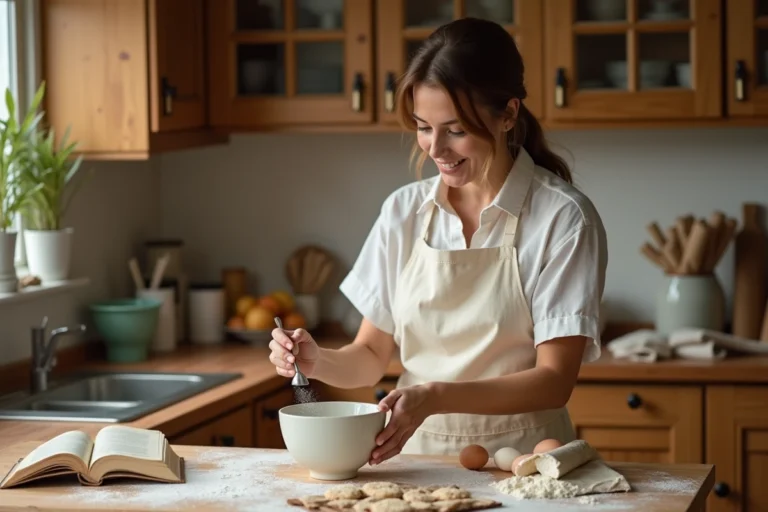 Femme mesurant de la levure chimique dans un bol en céramique sur un plan de travail en bois, entourée d'ingrédients de pâtisserie